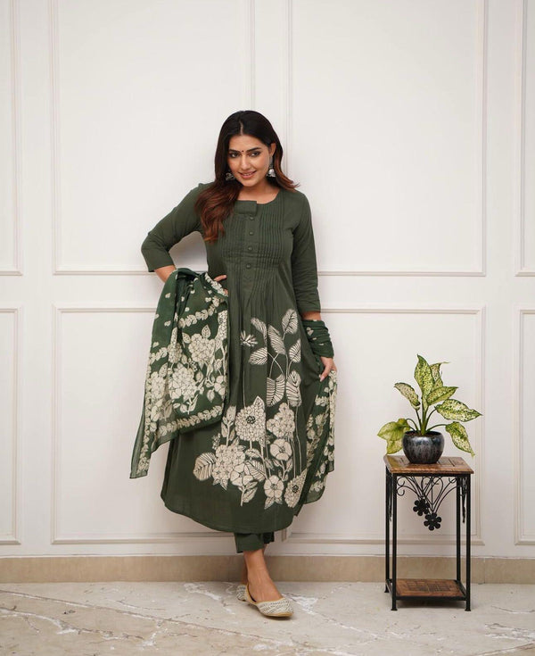 Pure Cotton Kurti with Self Print, Pant, and Mulmul Printed Dupatta