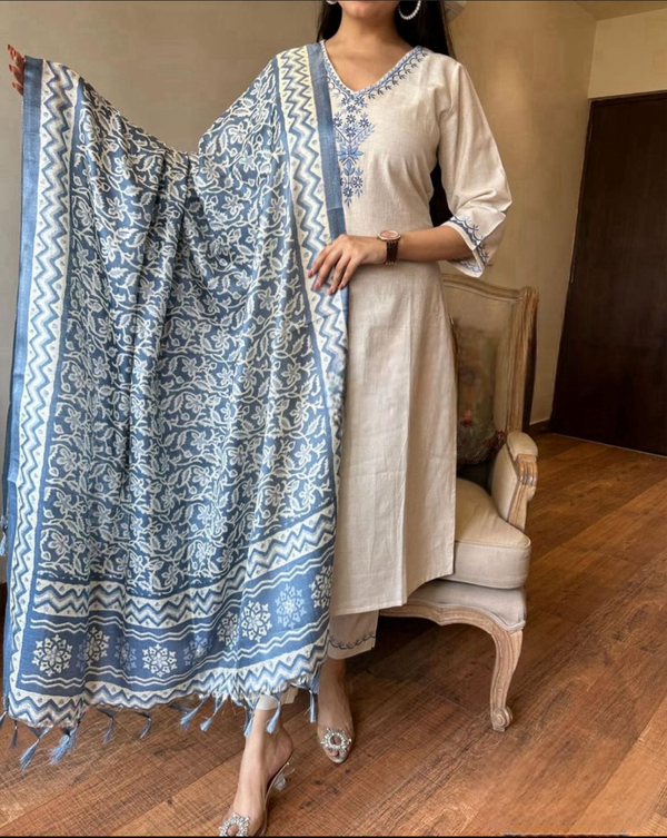 Handloom Cotton Flex Kurta Pant and Khadi Silk Dupatta Set