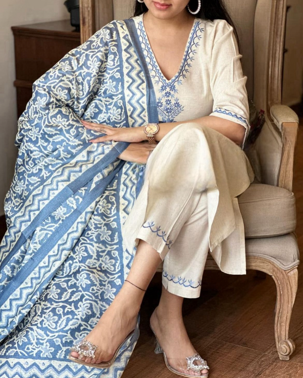 Handloom Cotton Flex Kurta Pant and Khadi Silk Dupatta Set