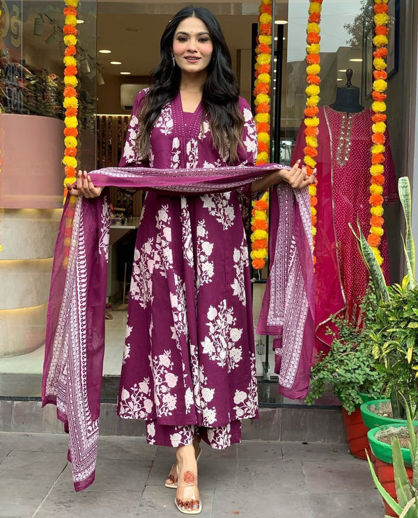Pure Cotton Anarkali 3-Piece Set With Full Neck Embroidery