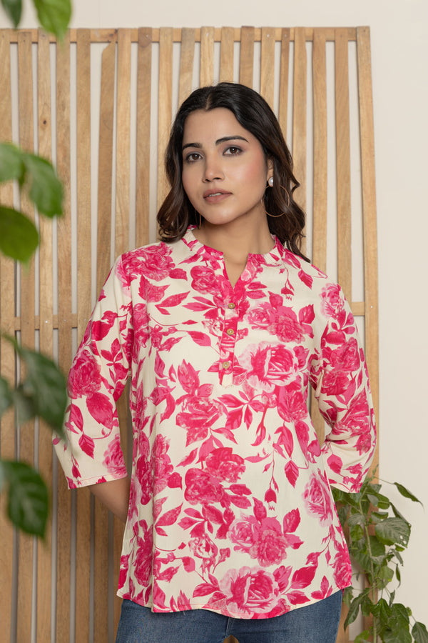Pink Floral Printed Short Kurti