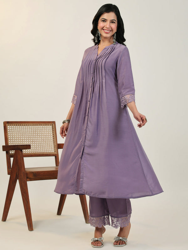 Lavender Silk Blend Embroidered Sleeve Pleated A-line Kurta Set