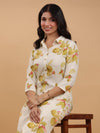 Cream Pure Cotton Floral Printed Button Down Shirt Style Kurta Set