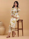 Cream Pure Cotton Floral Printed Button Down Shirt Style Kurta Set