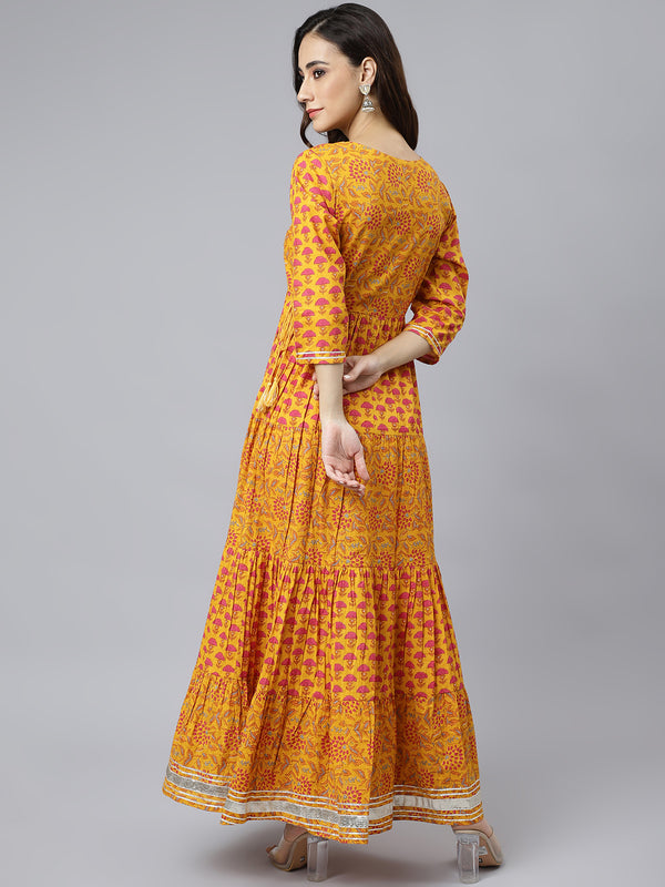 Yellow Cotton Printed Tiered Dress