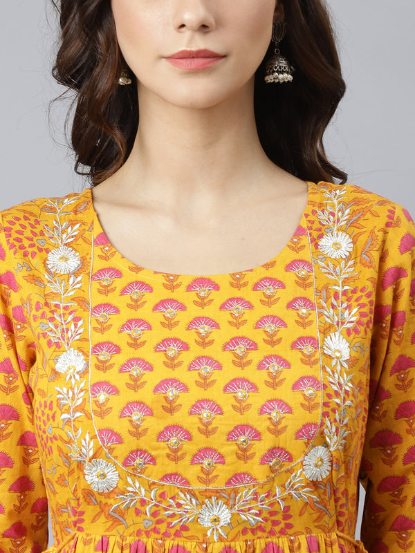 Yellow Cotton Printed Tiered Dress