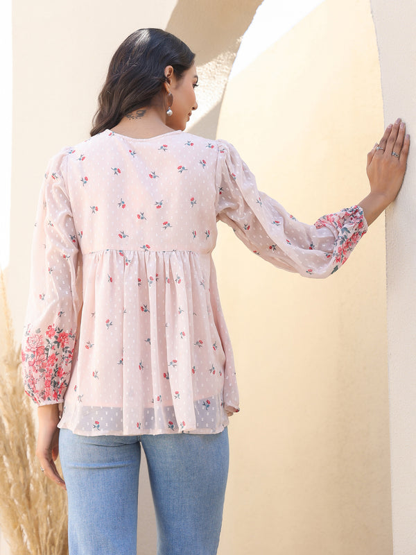 Peach Georgette Floral Print Flared Top