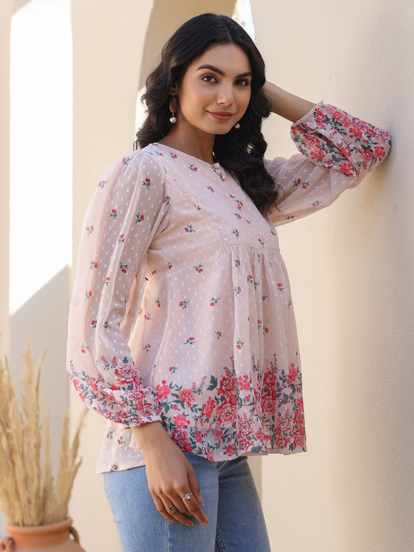 Peach Georgette Floral Print Flared Top