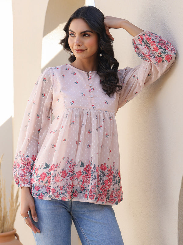 Peach Georgette Floral Print Flared Top
