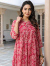 Dark Pink Georgette Floral Printed Gathered Tunic