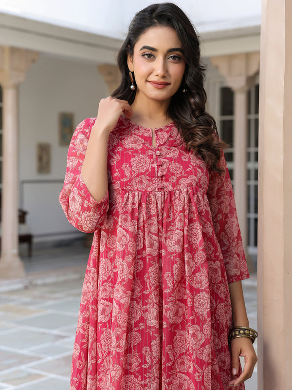 Dark Pink Georgette Floral Printed Gathered Tunic