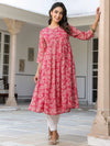 Dark Pink Georgette Floral Printed Gathered Tunic