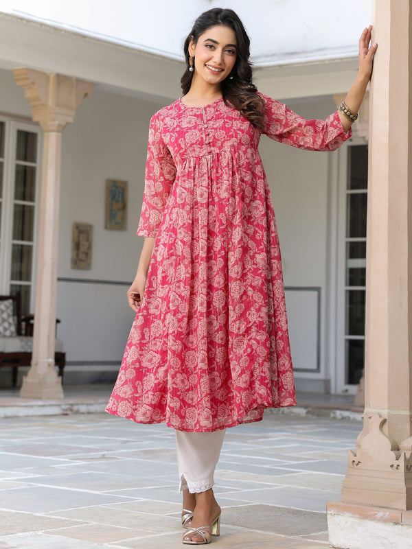 Dark Pink Georgette Floral Printed Gathered Tunic