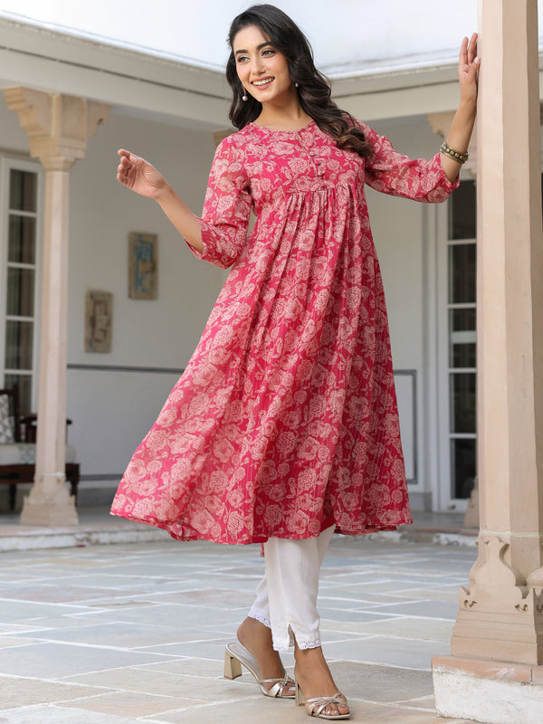Dark Pink Georgette Floral Printed Gathered Tunic
