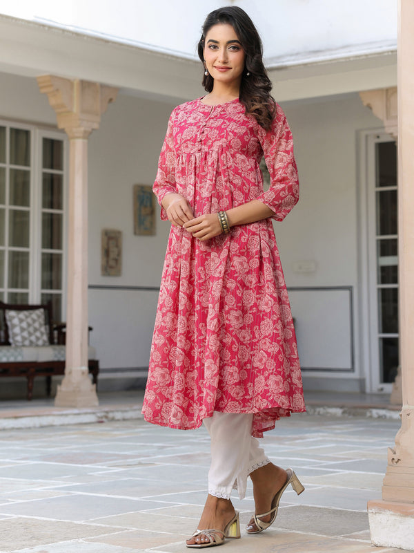 Dark Pink Georgette Floral Printed Gathered Tunic