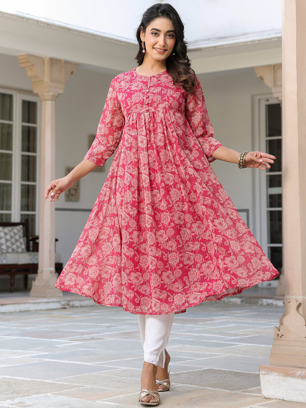 Dark Pink Georgette Floral Printed Gathered Tunic