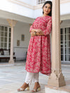 Dark Pink Georgette Floral Printed Gathered Tunic