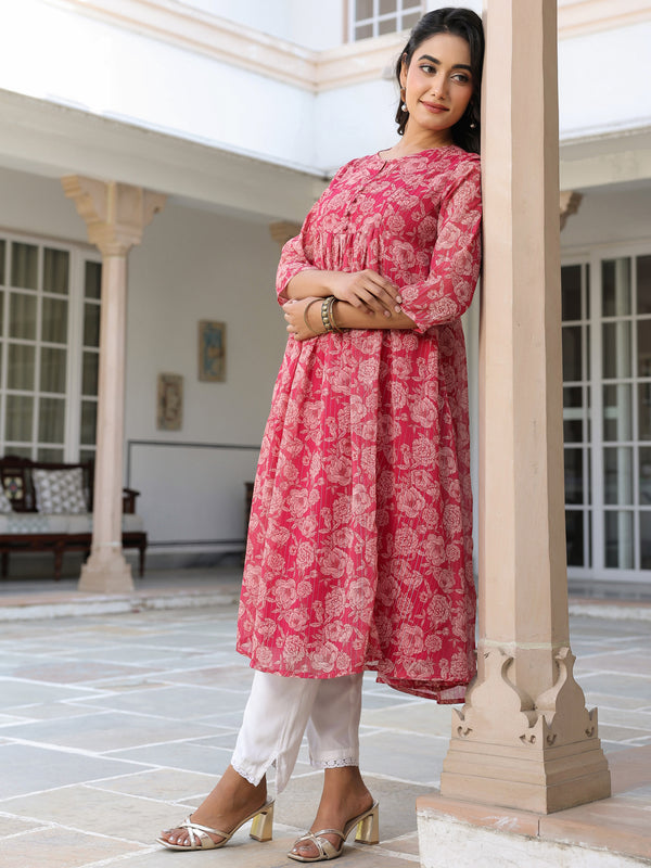 Dark Pink Georgette Floral Printed Gathered Tunic