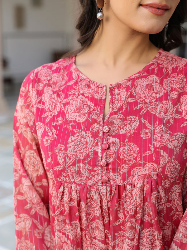 Dark Pink Georgette Floral Printed Gathered Tunic