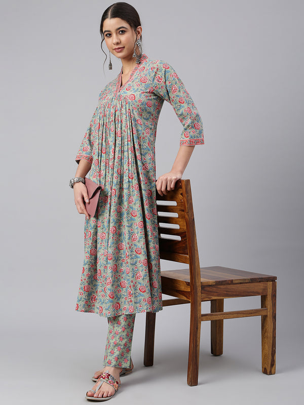 Pure Cotton Floral Printed A-line Kurta Set