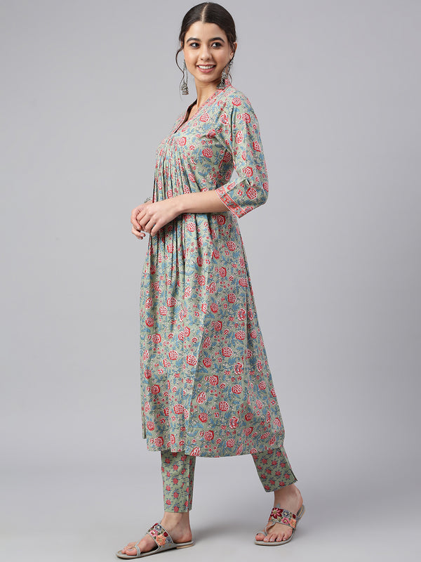 Pure Cotton Floral Printed A-line Kurta Set