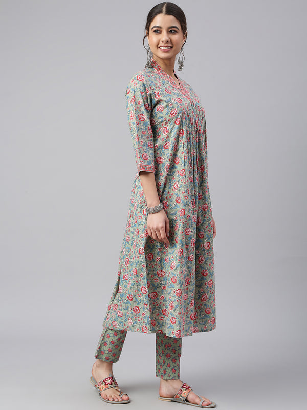 Pure Cotton Floral Printed A-line Kurta Set