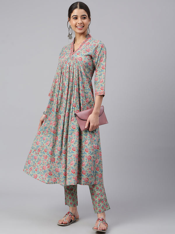 Pure Cotton Floral Printed A-line Kurta Set