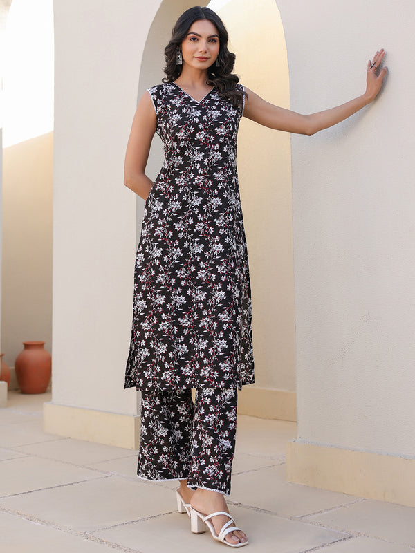Black Pure Cotton Floral Printed A-line Kurta Set