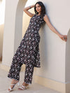 Black Pure Cotton Floral Printed A-line Kurta Set