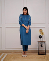 Teal Blue Kurta Set With Embroidery & Pintuck Detailing