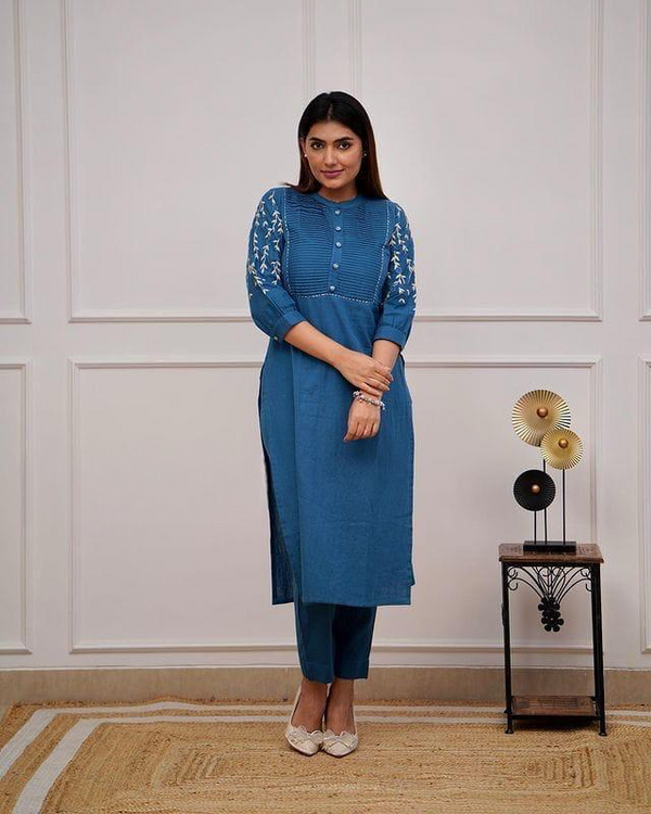 Teal Blue Kurta Set With Embroidery & Pintuck Detailing
