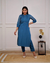 Teal Blue Kurta Set With Embroidery & Pintuck Detailing