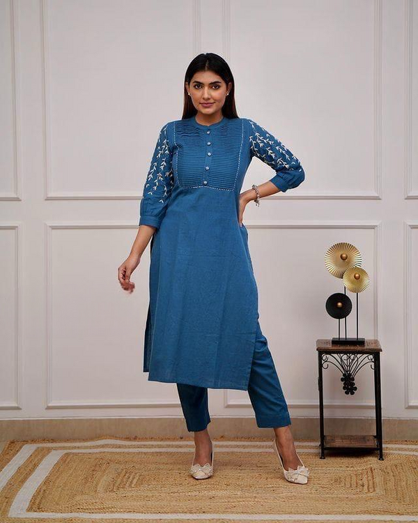 Teal Blue Kurta Set With Embroidery & Pintuck Detailing