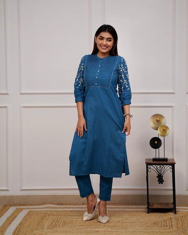 Teal Blue Kurta Set With Embroidery & Pintuck Detailing