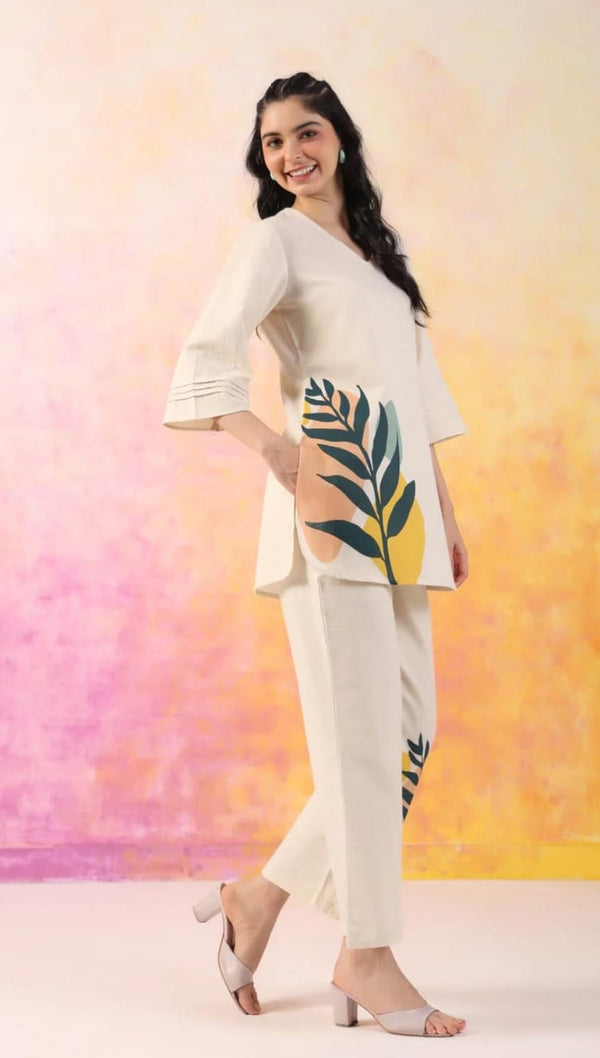 Off White Cotton Flex Co-Ord Set
