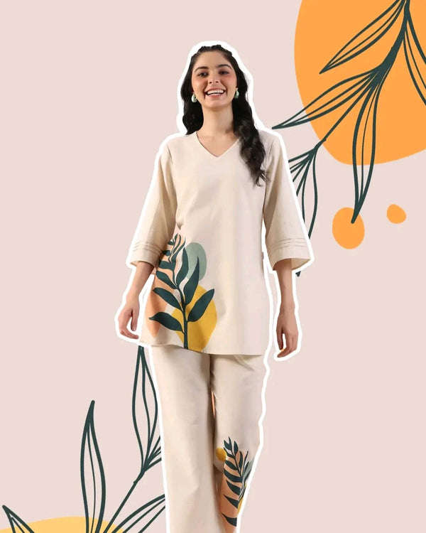 Off White Cotton Flex Co-Ord Set