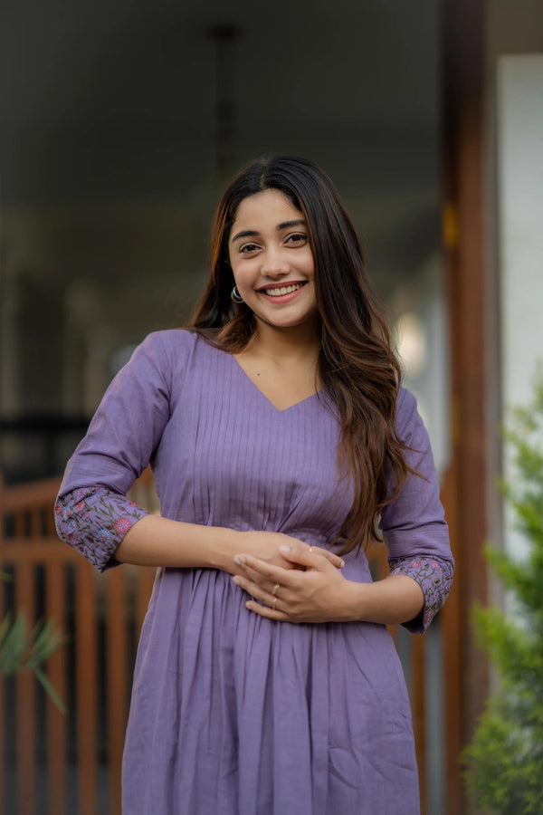 Lavender Cotton Embroidered & Printed Kurta