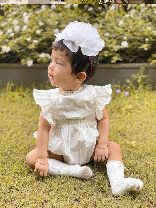 Halemons Kantha Cotton Frilled Romper, Diaper Opening & Back Straps - White