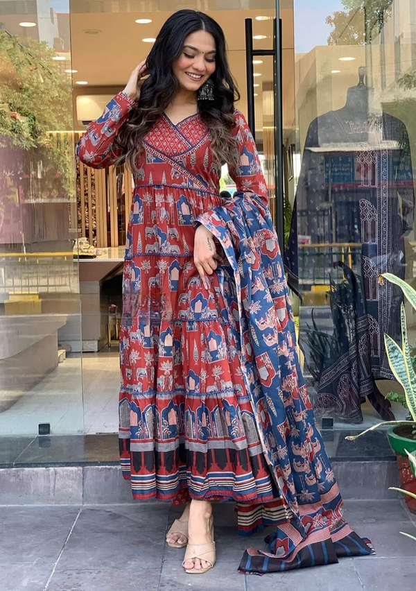 Red Abstract Print Cotton Kurta Set