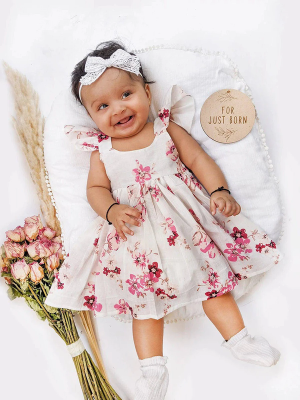 Halemons Elegant Pearl White Floral Cotton Frock Set, Frilled Straps - Off-White