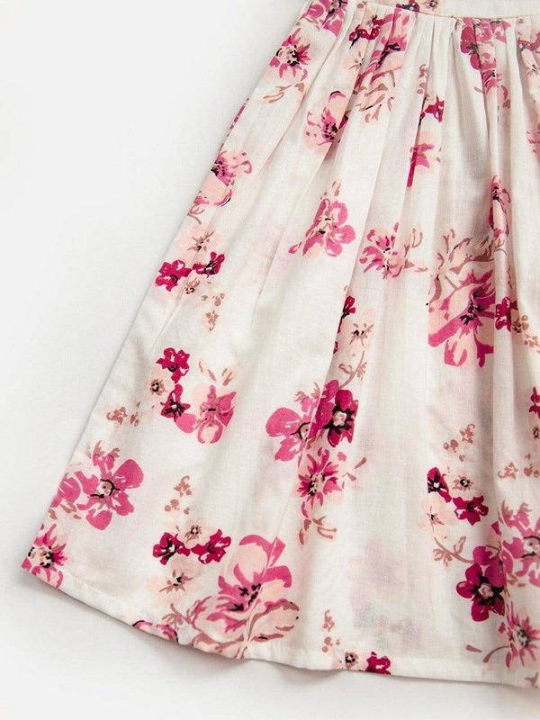 Halemons Elegant Pearl White Floral Cotton Frock Set, Frilled Straps - Off-White