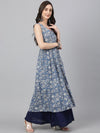 Blue Cotton Floral Print Flared Kurta