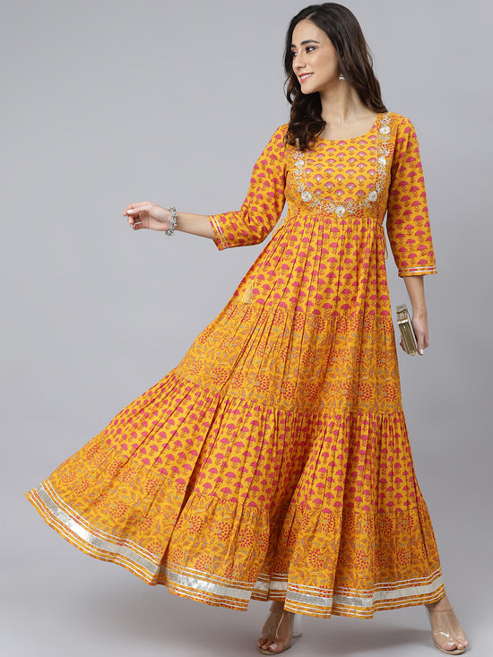 Yellow Cotton Printed Tiered Dress