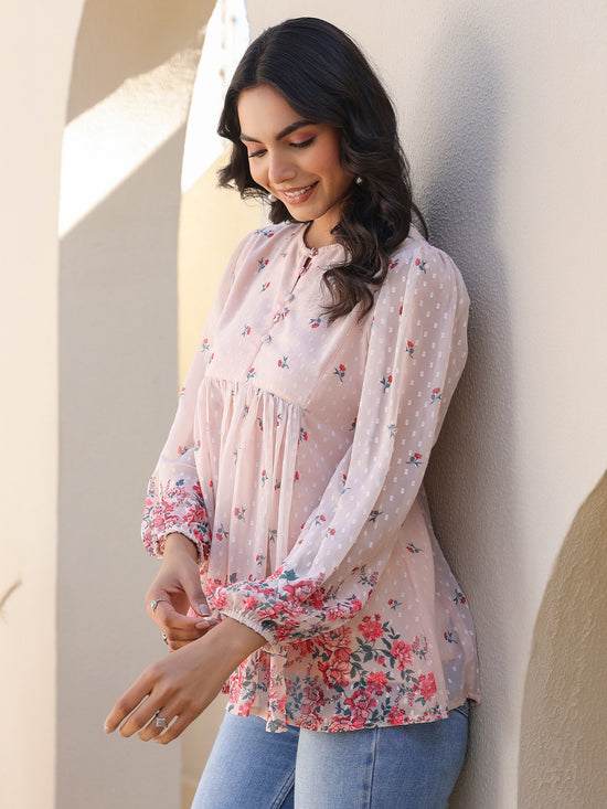 Peach Georgette Floral Print Flared Top