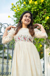 Off-White Cotton Dress with Floral Embroidery & Crochet Lace Detailing