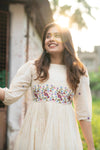 Off-White Cotton Dress with Floral Embroidery & Crochet Lace Detailing