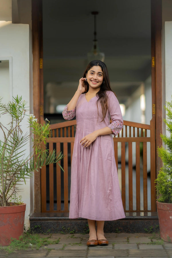 Lilac Cotton Embroidered & Printed Kurta