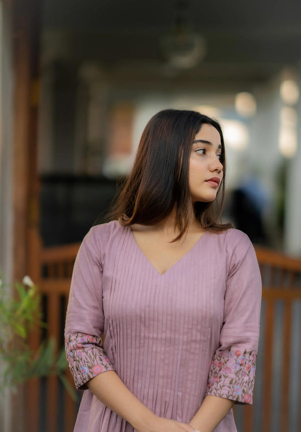 Lilac Cotton Embroidered & Printed Kurta