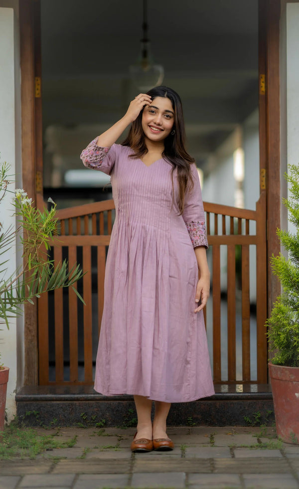 Lilac Cotton Embroidered & Printed Kurta