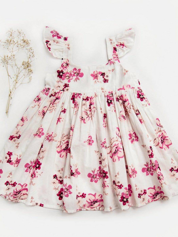 Halemons Elegant Pearl White Floral Cotton Frock Set, Frilled Straps - Off-White